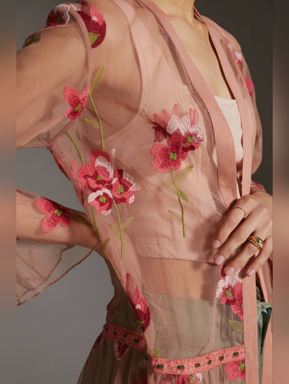 Anthropologie Bl-nk Pink Tulle Kimono Floral Embroidered OS - Picture 3 of 8
